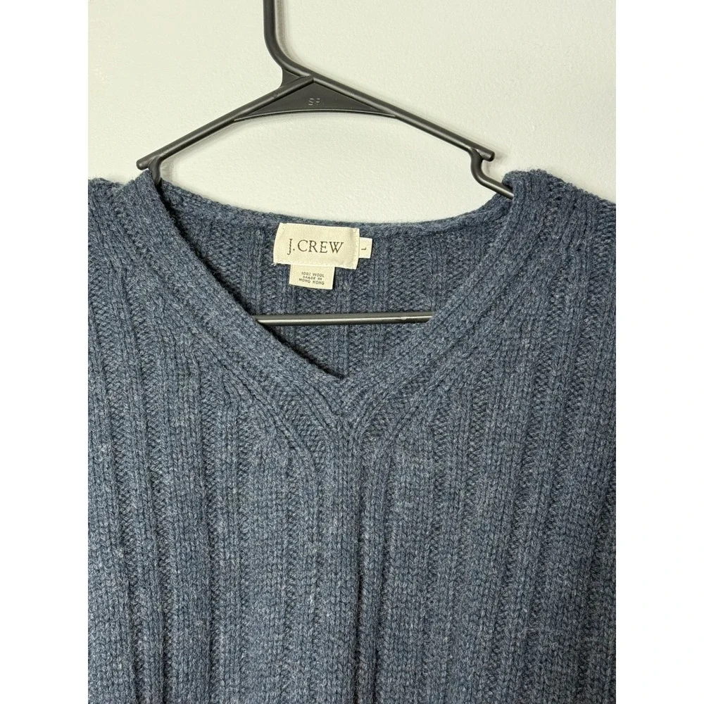 J.Crew Mens 100% Wool Ribbed‎ V-Neck Sweater Blue Charcoal Vintage Large